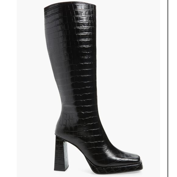 Jeffrey Campbell Maximal Black Knee High Boot Sz 8.5 Leather Block High Heel NIB - Picture 1 of 10